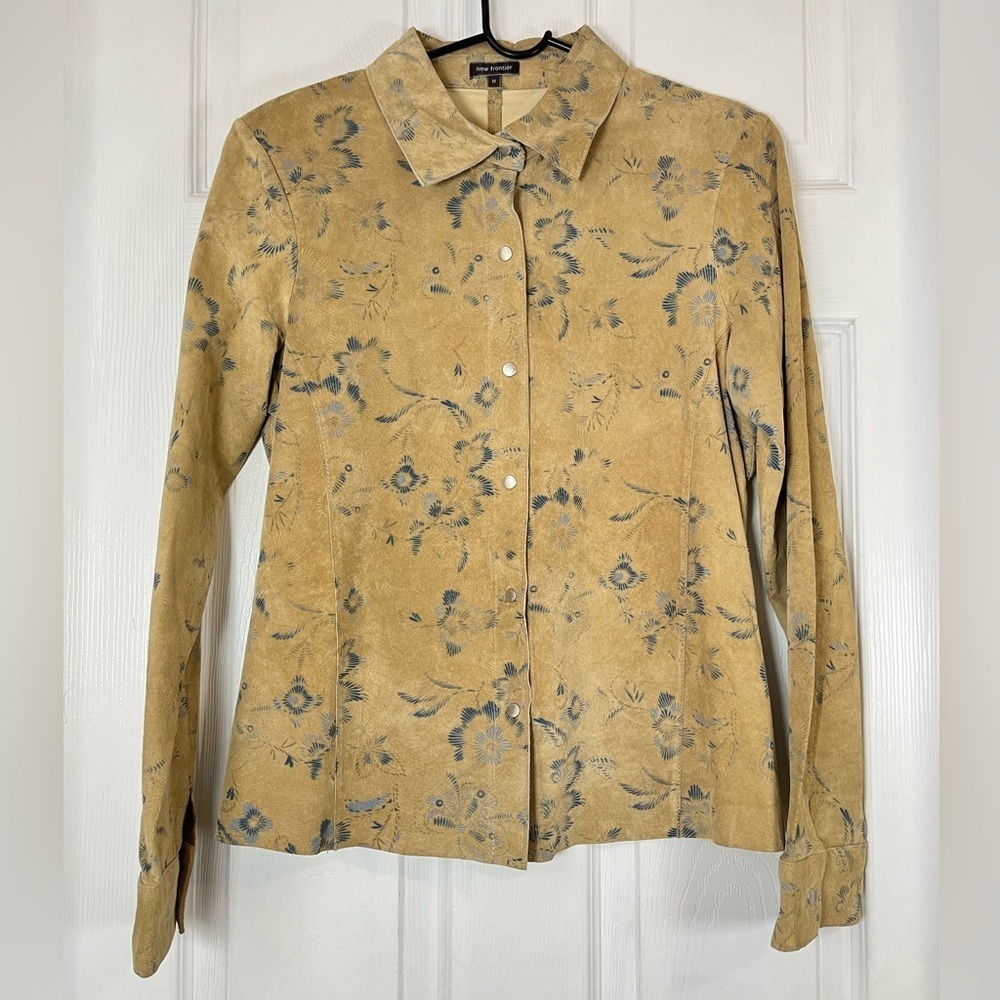 New Frontier Suede Leather Tan Floral Button Down Shirt Size Medium